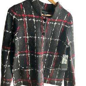 Adrienne Vittadini black/red/white button front sweater jacket Size Large